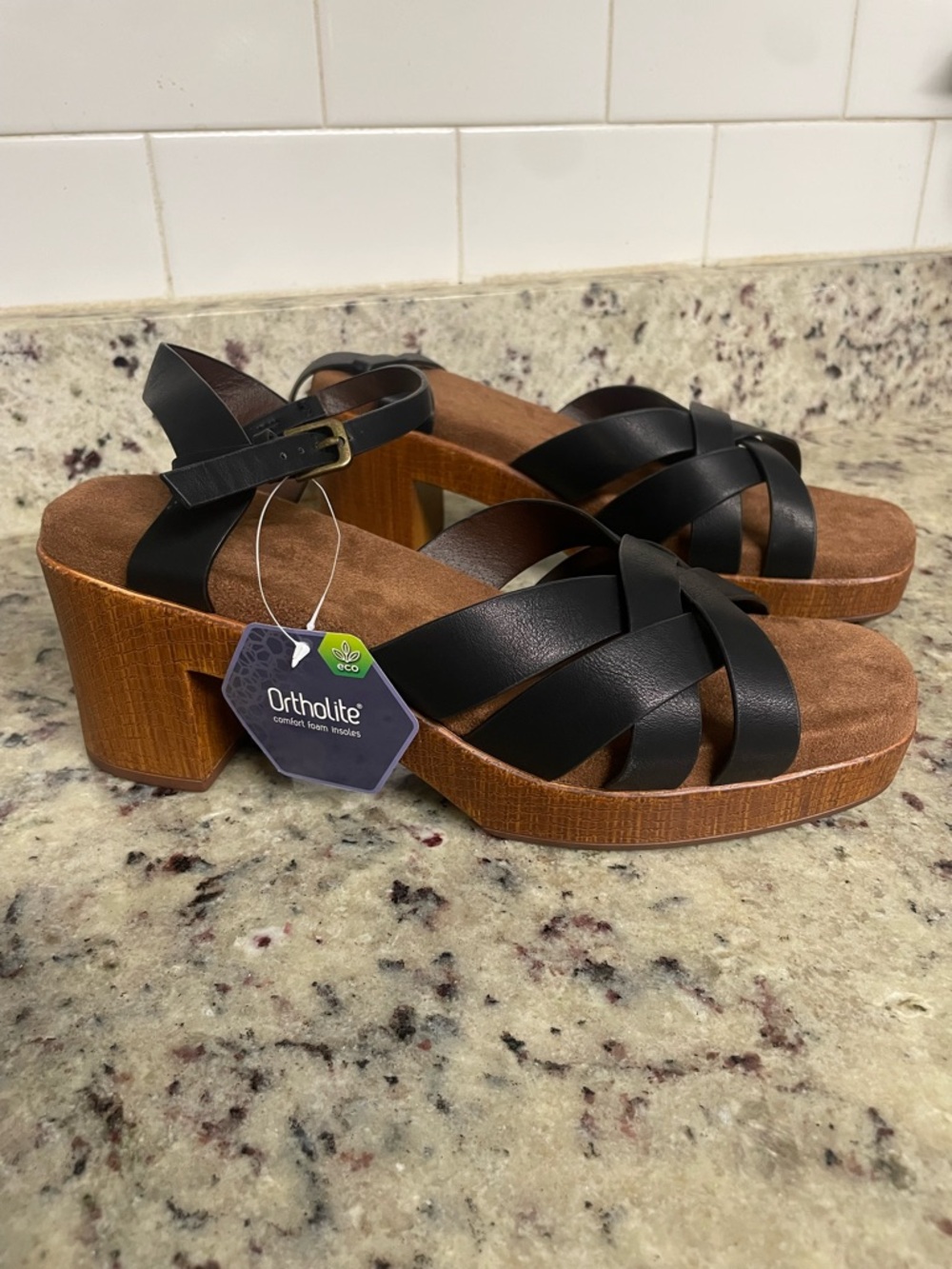 Sonoma ortholite Black Strappy Platform Sandals Heel summer 9.5 cushion comfy